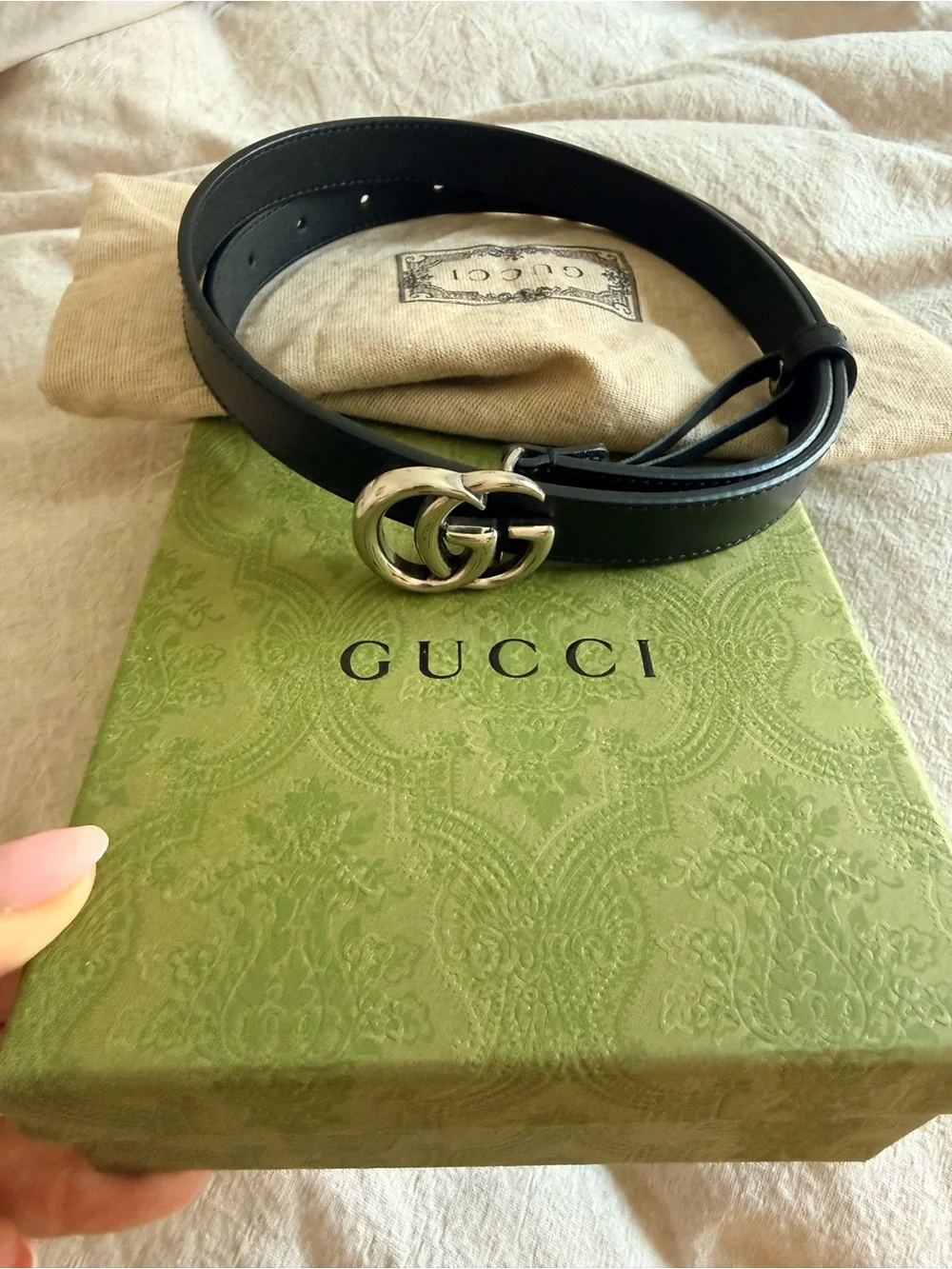 Thin Gucci Black Leather Belt with Silver Double G Buckle